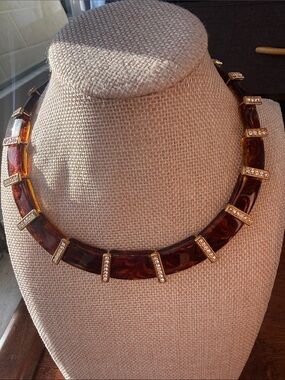 Vintage Elegant Tortoiseshell Resin Necklace with Gold & Crystal Accents 12-14”